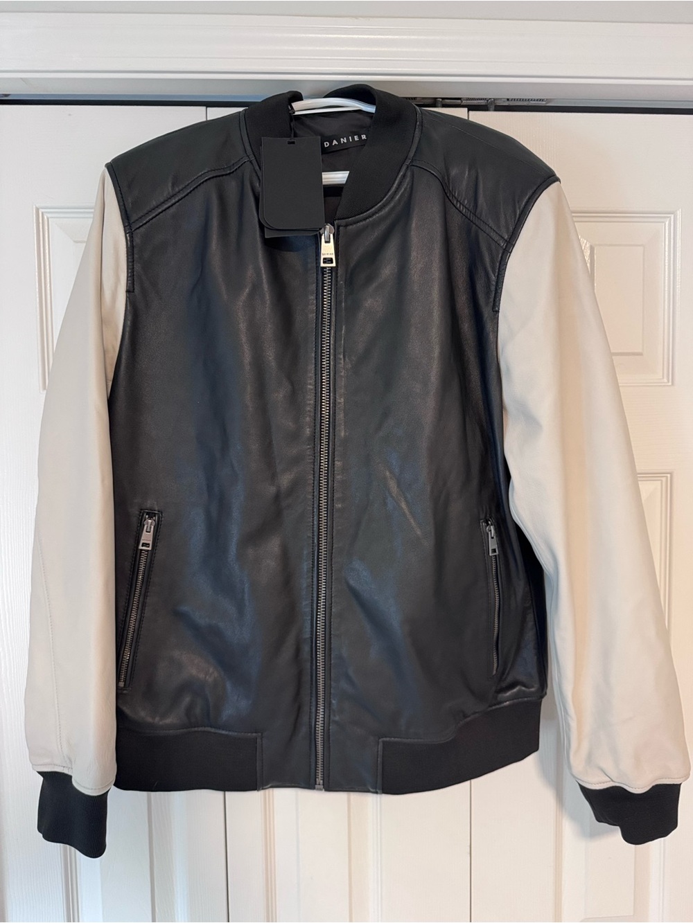 Danier Two-Tone Black Leather Bomber Jacket with Cream Sleeves